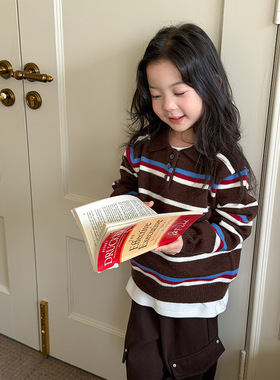 Yumi妈儿童韩系拼色针织女童冬装休闲撞色彩条POLO翻领毛衣25H162