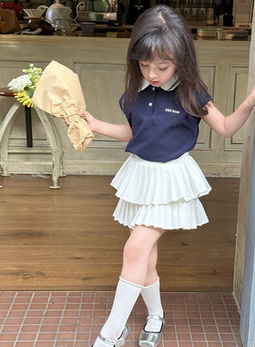 Yumi妈夏儿童休闲T恤无袖上衣女童宝宝撞色小翻领POLO背心25C067