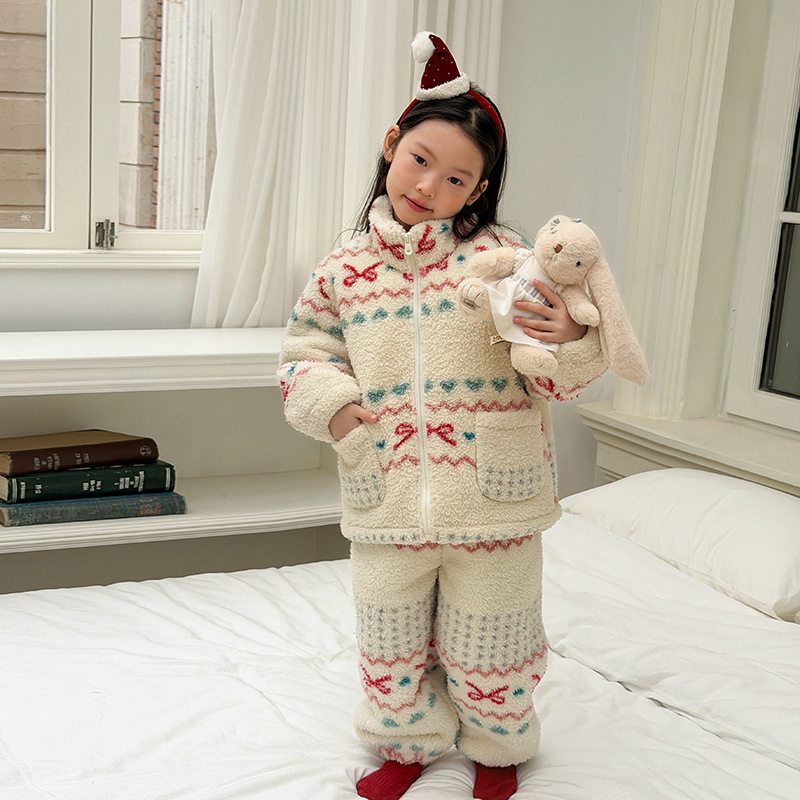 Yumi妈冬季新款儿童软萌暖绒可爱女童加厚保暖家居服套装潮25M001