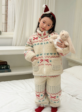 Yumi妈冬季新款儿童软萌暖绒可爱女童加厚保暖家居服套装潮25M001