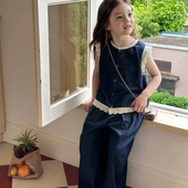 Yumi妈 25C147 牛仔背心两件套装 女童蕾丝边拼接上衣阔腿裤 薄款