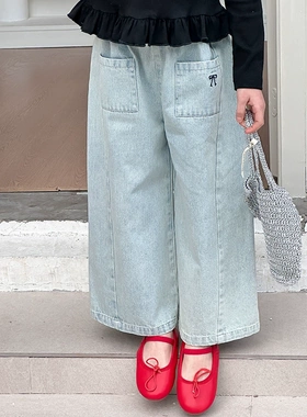 Yumi妈女童磨白做旧拼接直筒裤小口袋甜美蝴蝶结牛仔裤  25A007