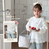 Yumi妈女童甜美下摆蕾丝边儿童洋气蝴蝶结印花长袖 T恤潮25A033