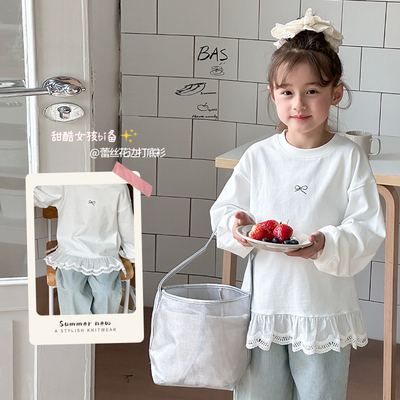 Yumi妈女童甜美下摆蕾丝边儿童洋气蝴蝶结印花长袖T恤潮25A033