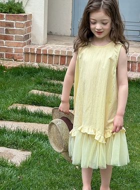 Yumi妈 女童度假风仙气无袖连衣裙儿童黄色网纱拼接背心裙25C042