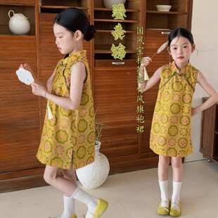Yumi妈童装女童宋锦团花明黄背心儿童夏装新中式改良旗袍裙26C326