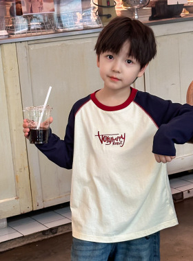 Yumi妈中小大童插肩长袖纯棉T恤男童帅气拼色字母上衣  24X120