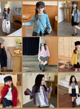 Yumi妈儿童秋装针织开衫字母外套女童韩版纯色单排扣毛衣25F079