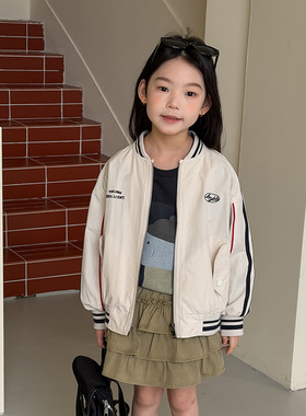 Yumi妈儿童个性机车字母夹克衫上衣男女童休闲撞色棒球外套26A211