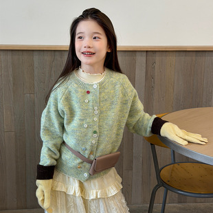 Yumi妈童装女童秋装杂色针织开衫儿童温柔彩扣软糯毛衣外套26F098