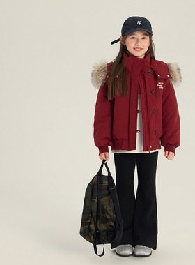 Yumi妈女童冬季美式复古大毛领连帽棉服儿童抗寒派克服外套25M085