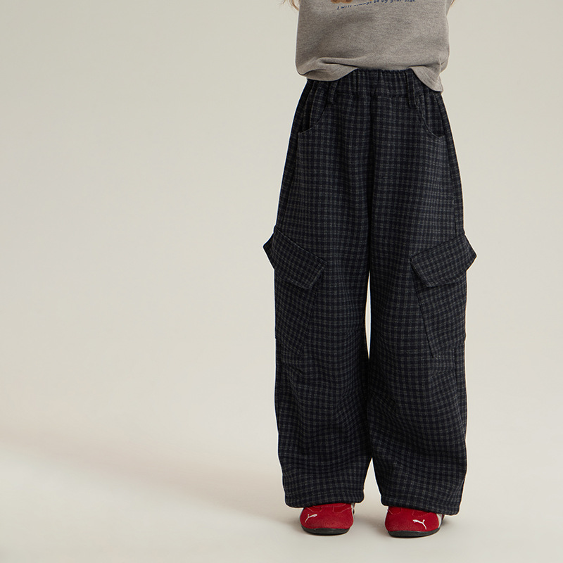 Yumi妈冬季新款女童复合加绒格子工装裤25H053