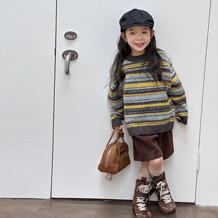 Yumi妈女童冬季 民族风渐变条纹针织儿童秋冬复古提花毛衣25H171
