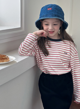 Yumi妈女童宝宝韩版休闲柔软双纱精棉儿童条纹打底衫  25F003