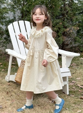 清仓   中大小女童韩系洋气花边网纱娃娃领长袖公主连衣裙25A026