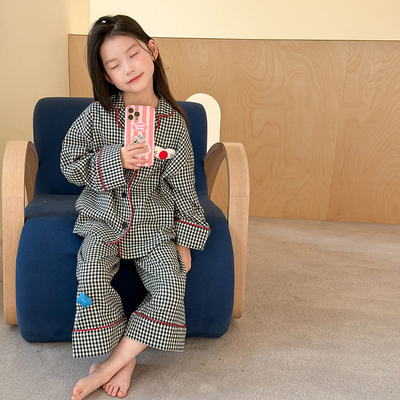 Yumi妈儿童睡衣春夏女童立体装饰清新全棉格子家居服套装26A019