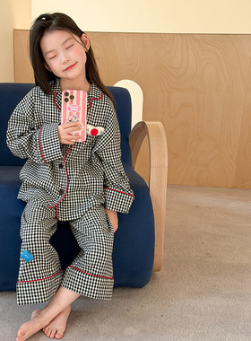 Yumi妈儿童睡衣春夏女童立体装饰清新全棉格子家居服套装26A019