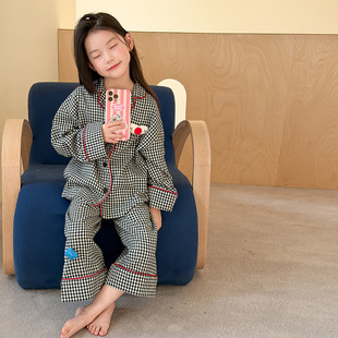 Yumi妈儿童睡衣春女童可爱立体装 26A019 饰清新全棉格子家居服套装