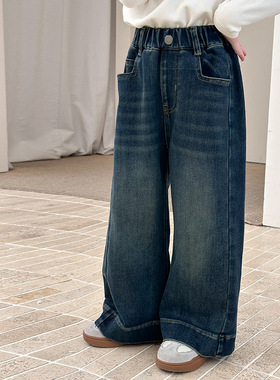 Yumi妈女童冬季植绒复古直筒裤儿童保暖一体绒拼接牛仔裤25H004