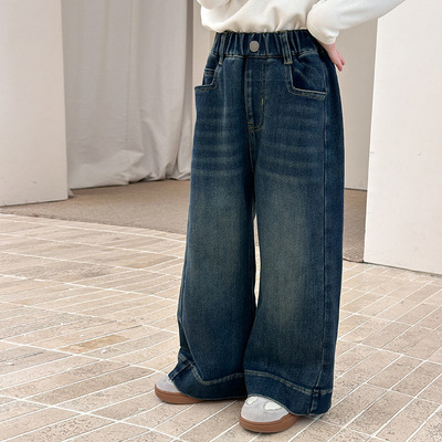 冬季新款女童植绒复古直筒牛仔裤