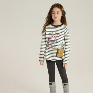 T恤潮25H051 儿童秋冬内搭长袖 Yumi妈冬季 女童加绒卡通条纹打底衫