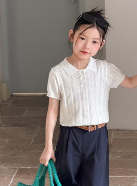 Yumi妈女童夏季轻薄冰感简约利落针织POLOT恤儿童针织短袖26C196
