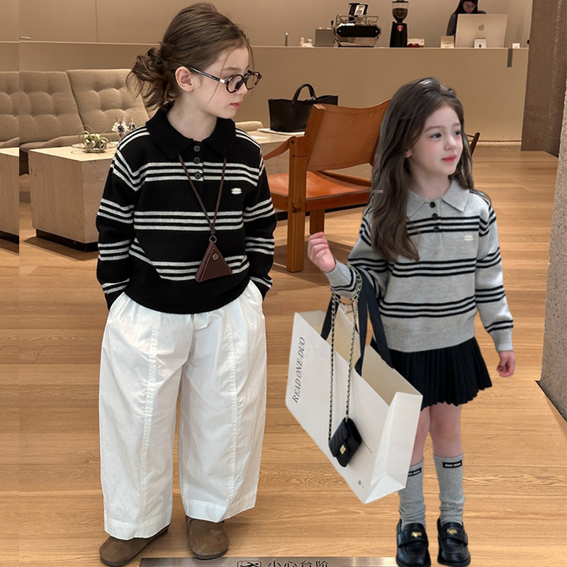 儿童复古学院风撞色条纹翻领毛衣