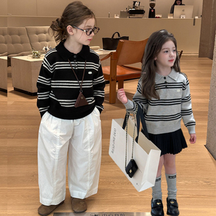 Yumi妈儿童秋季复古学院风撞色条纹POLO领针织衫女童毛衣25G098