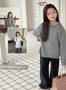 Yumi妈冬季女童软糯针织衫上衣儿童学院风花边翻领毛衣潮25M149