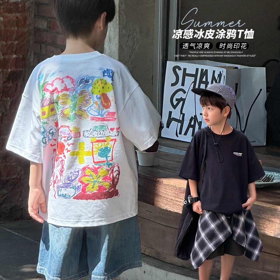 2025夏轻薄冰感棉字母涂鸦T恤