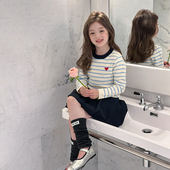 撞色条纹爱心毛衣25F072 儿童秋装 Yumi妈女童休闲韩版 针织衫