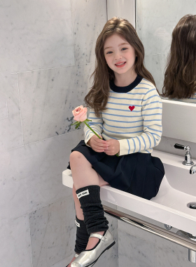 Yumi妈女童休闲韩版针织衫儿童秋装撞色条纹爱心毛衣25F072