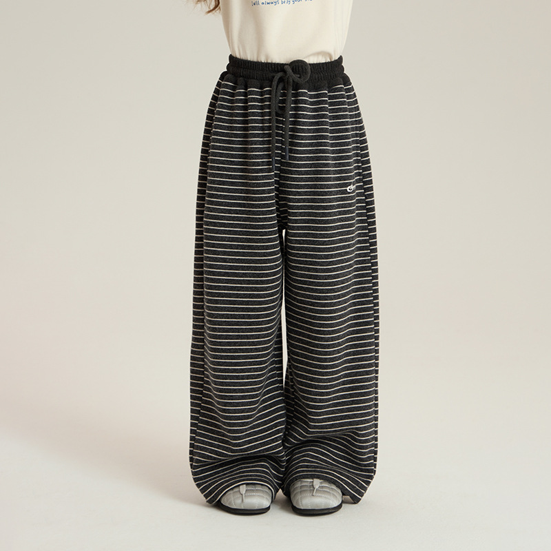 冬季女童条纹加绒休闲直筒裤裤