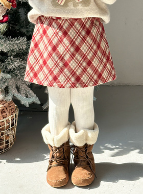 Yumi妈2025冬季女童A字版毛呢短裙儿童时髦红色格纹半身裙24A017