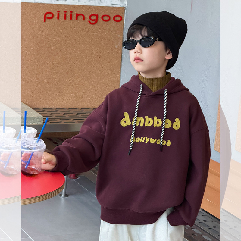 潮童2025冬加厚加绒保暖连帽卫衣