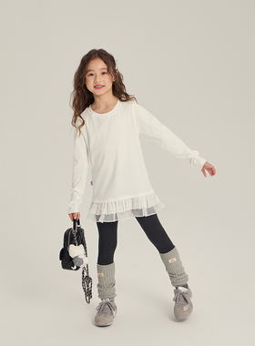 Yumi妈女童白色长袖T恤儿童秋装拼接花边下摆打底衫25G030