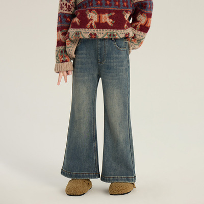 女童冬季加绒百搭时尚牛仔喇叭裤