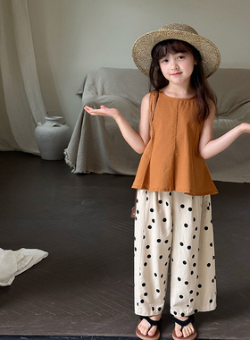 Yumi妈  女童洋气度假风无袖娃娃衫舒适麻棉T恤拼接背心   25E027