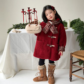 中长款 Yumi妈女童冬季 红色喜庆拜年服儿童韩版 大衣毛绒外套25M047