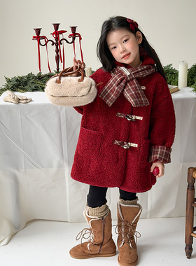Yumi妈女童冬季红色喜庆拜年服儿童韩版中长款大衣毛绒外套25M047