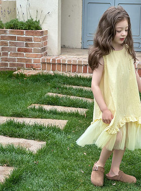 Yumi妈儿童公主裙女童裙子度假风甜美仙气网纱拼接背心裙25C042