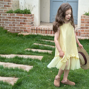 Yumi妈儿童公主裙女童裙子度假风甜美仙气网纱拼接背心裙25C042