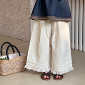 新品 女童裤 子儿童时髦童裤 Yumi妈 度假风压褶花边阔腿裤 25B033