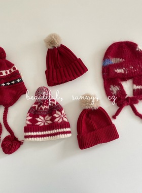 Yumi妈新年款冬季女童红色费尔岛系列风格氛围感针织帽潮25M205