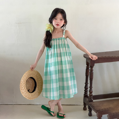 女童夏装薄荷绿格吊带长裙
