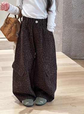 Yumi妈新品儿童工装豹纹裤女童秋季帅气休闲宽松休闲裤 25G186