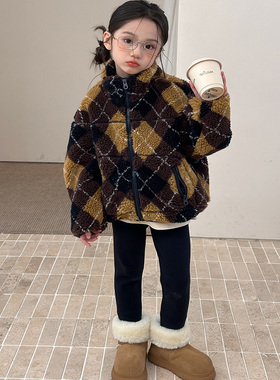 Yumi妈儿童复古立领夹克棉衣2025冬女童实穿菱形格棉服外套H009