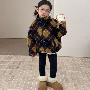 Yumi妈儿童复古立领夹克棉衣2025冬女童实穿菱形格棉服外套H009