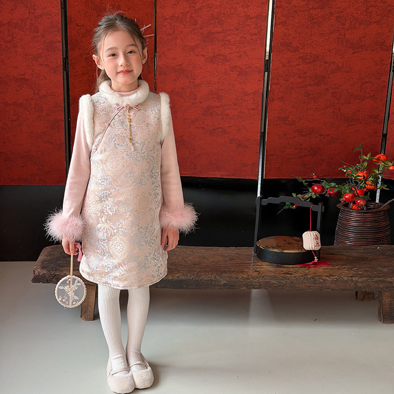 Yumi妈冬季女童拜年缎面旗袍裙儿童新中式拼接夹棉背心裙25M011,童装/婴儿装/亲子装,连衣裙,淘宝优惠券,粉丝福利购,淘宝优惠卷