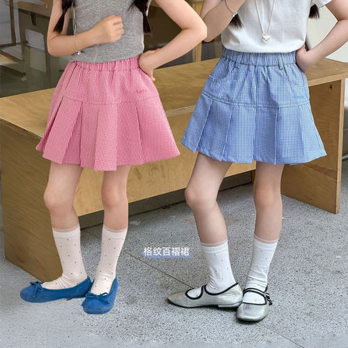 女童夏装学院风格纹百褶半身裙